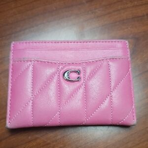 Coach Pink Quilted Leather Card Holder with Silver 'C' Logo